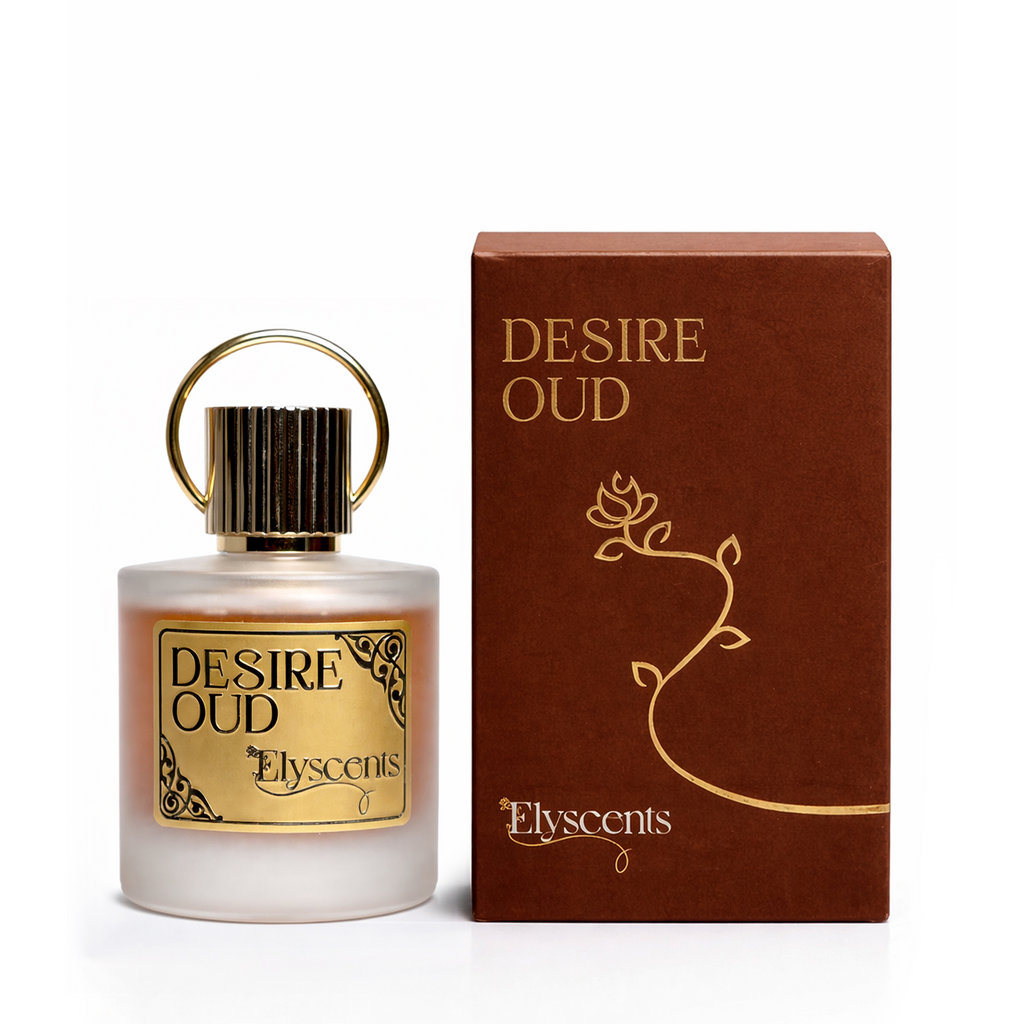 Desire Oud warm oud and woody perfume bottle by Elyscents UAE
