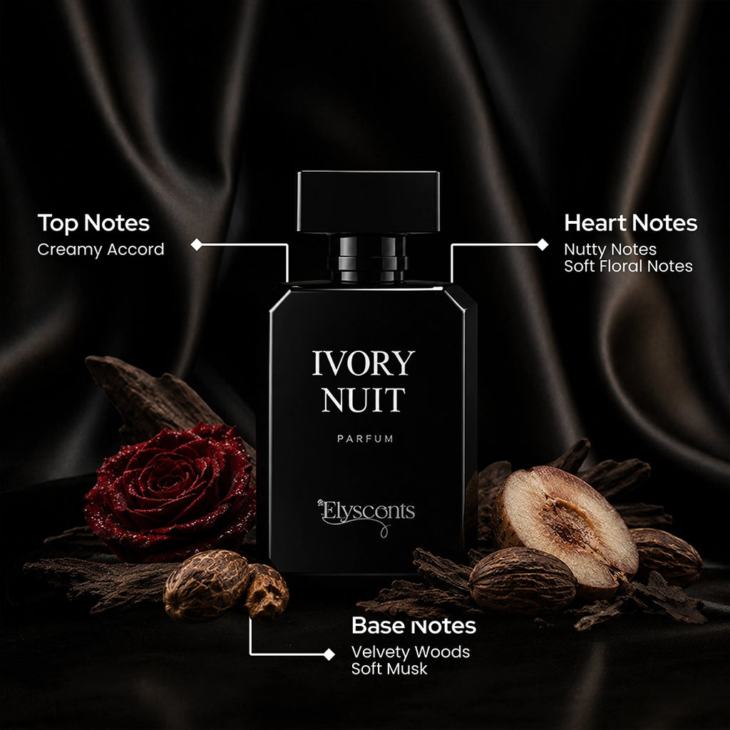 Ivory Nuit creamy and smooth perfume bottle by Elyscents UAE