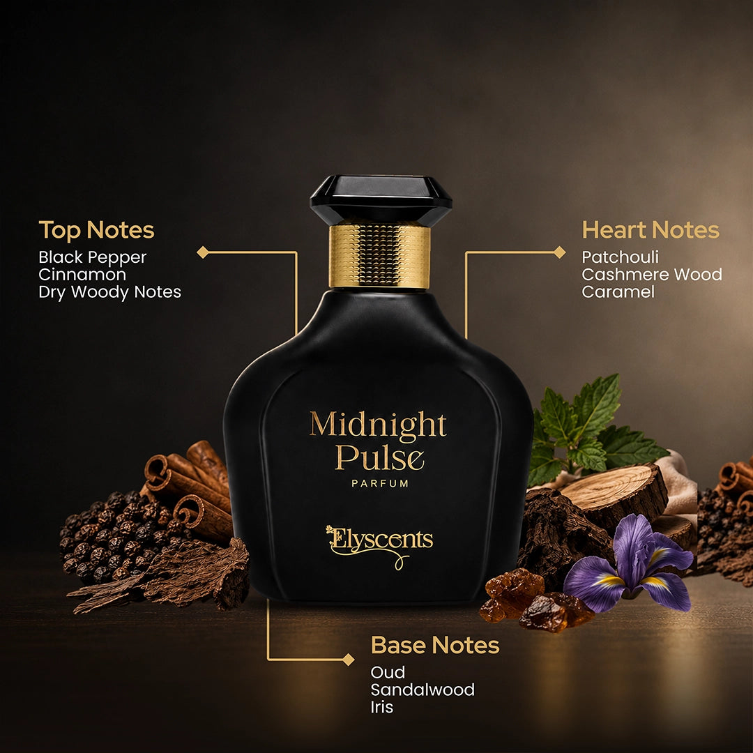Midnight Pulse bold spicy woody perfume bottle by Elyscents UAE
